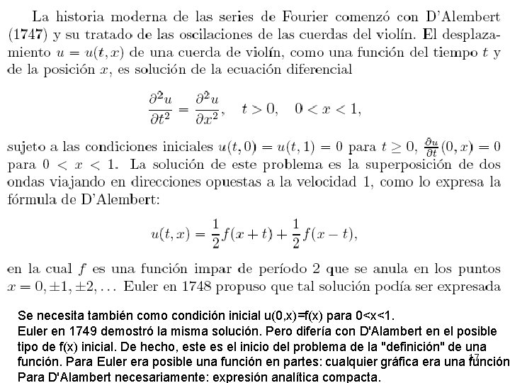 Se necesita también como condición inicial u(0, x)=f(x) para 0<x<1. Euler en 1749 demostró