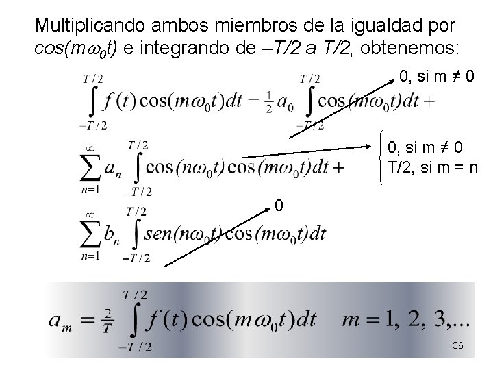 Multiplicando ambos miembros de la igualdad por cos(mw 0 t) e integrando de –T/2