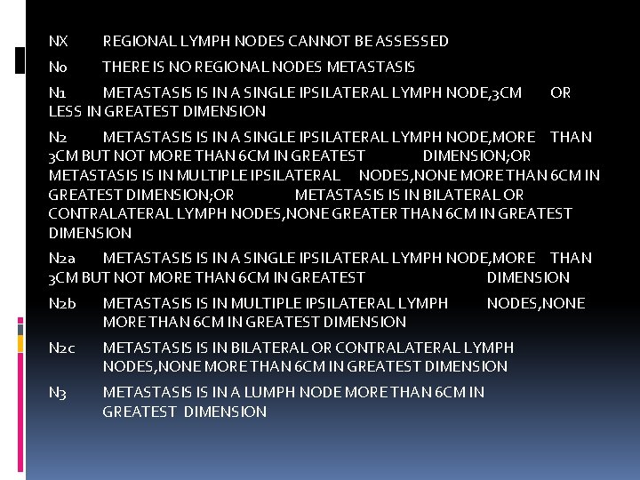 NX REGIONAL LYMPH NODES CANNOT BE ASSESSED N 0 THERE IS NO REGIONAL NODES