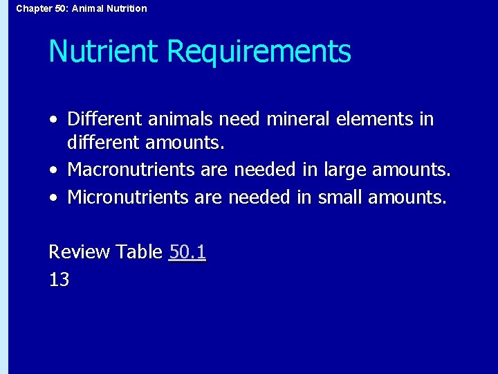 Chapter 50: Animal Nutrition Nutrient Requirements • Different animals need mineral elements in different