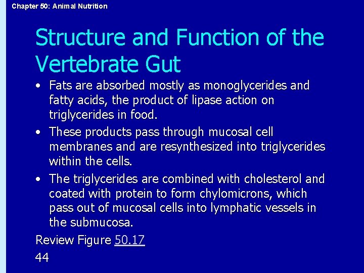 Chapter 50: Animal Nutrition Structure and Function of the Vertebrate Gut • Fats are