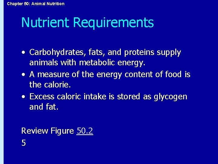 Chapter 50: Animal Nutrition Nutrient Requirements • Carbohydrates, fats, and proteins supply animals with