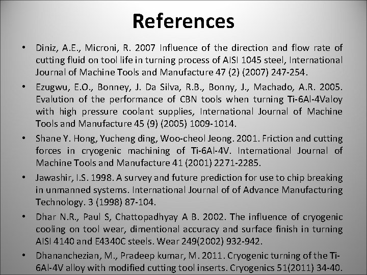 References • Diniz, A. E. , Microni, R. 2007 Influence of the direction and