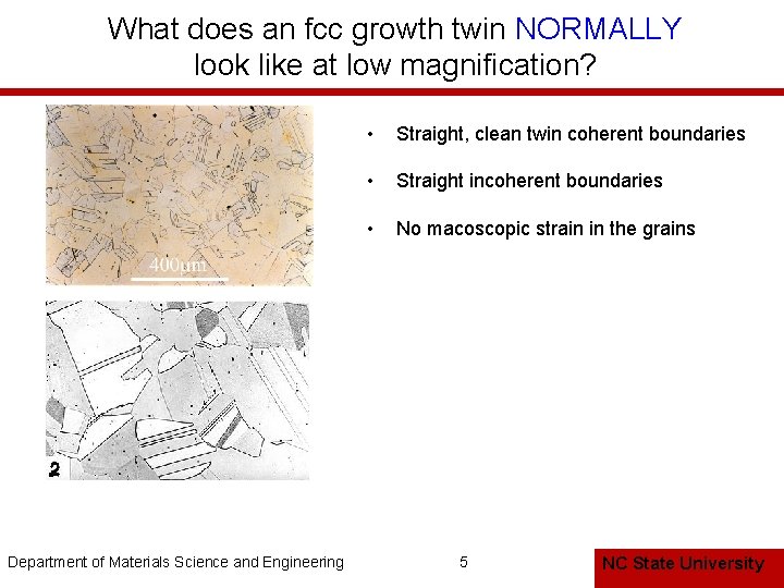 What does an fcc growth twin NORMALLY look like at low magnification? Department of