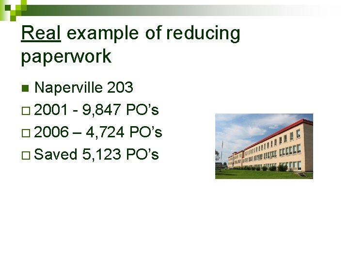 Real example of reducing paperwork Naperville 203 o 2001 - 9, 847 PO’s o