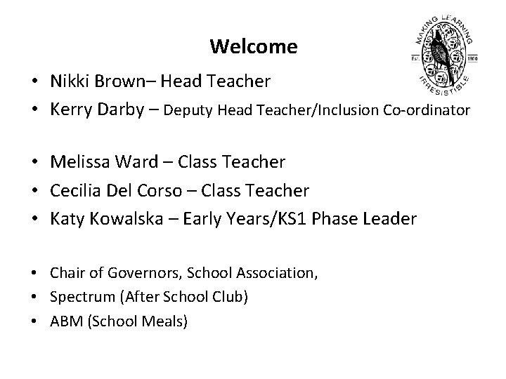 Welcome • Nikki Brown– Head Teacher • Kerry Darby – Deputy Head Teacher/Inclusion Co-ordinator