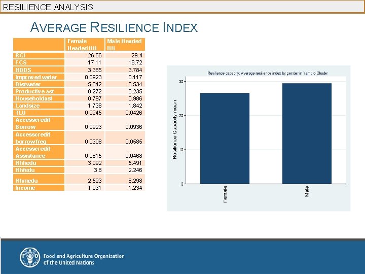 RESILIENCE ANALYSIS AVERAGE RESILIENCE INDEX RCI FCS HDDS Improved water Distwater Productive ast Householdast