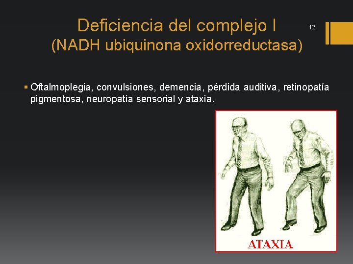 Deficiencia del complejo I 12 (NADH ubiquinona oxidorreductasa) § Oftalmoplegia, convulsiones, demencia, pérdida auditiva,