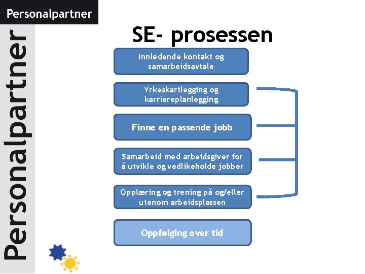 SE- prosessen Innledende kontakt og samarbeidsavtale Yrkeskartlegging og karriereplanlegging Finne en passende jobb Samarbeid