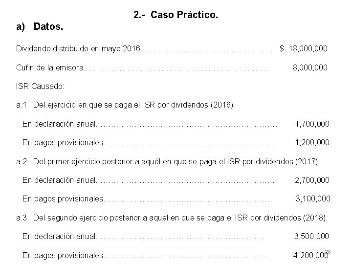 2. - Caso Práctico. a) Datos. Dividendo distribuido en mayo 2016……………………… $ 18, 000