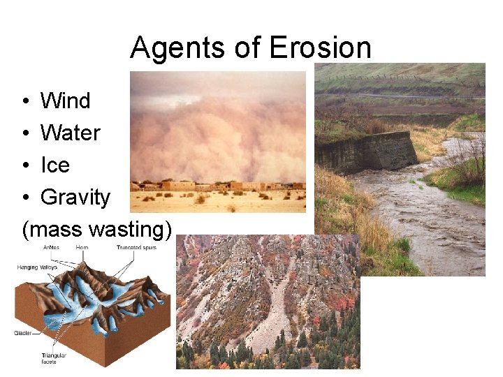 Agents of Erosion • Wind • Water • Ice • Gravity (mass wasting) 