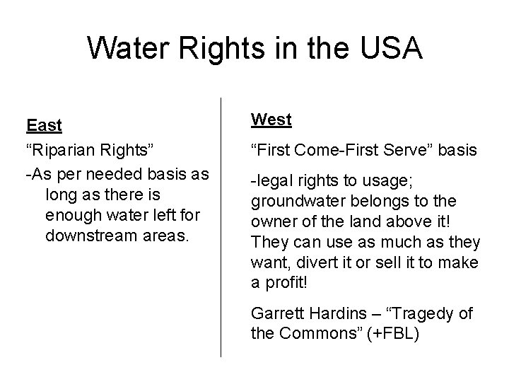 Water Rights in the USA East “Riparian Rights” -As per needed basis as long