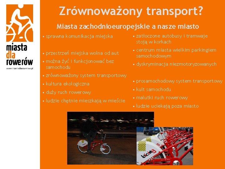 Zrównoważony transport? Miasta zachodnioeuropejskie a nasze miasto • sprawna komunikacja miejska • przestrzeń miejska