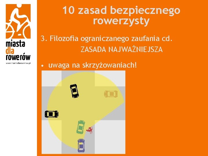 10 zasad bezpiecznego rowerzysty 3. Filozofia ograniczanego zaufania cd. ZASADA NAJWAŻNIEJSZA • uwaga na