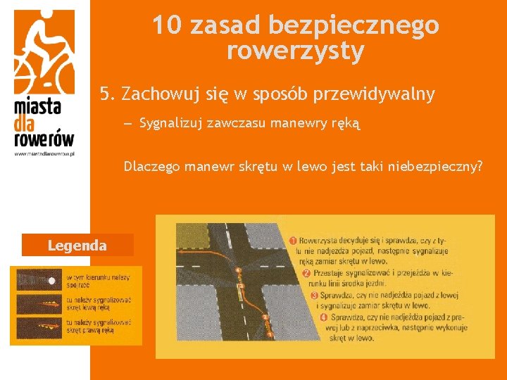 10 zasad bezpiecznego rowerzysty 5. Zachowuj się w sposób przewidywalny – Sygnalizuj zawczasu manewry