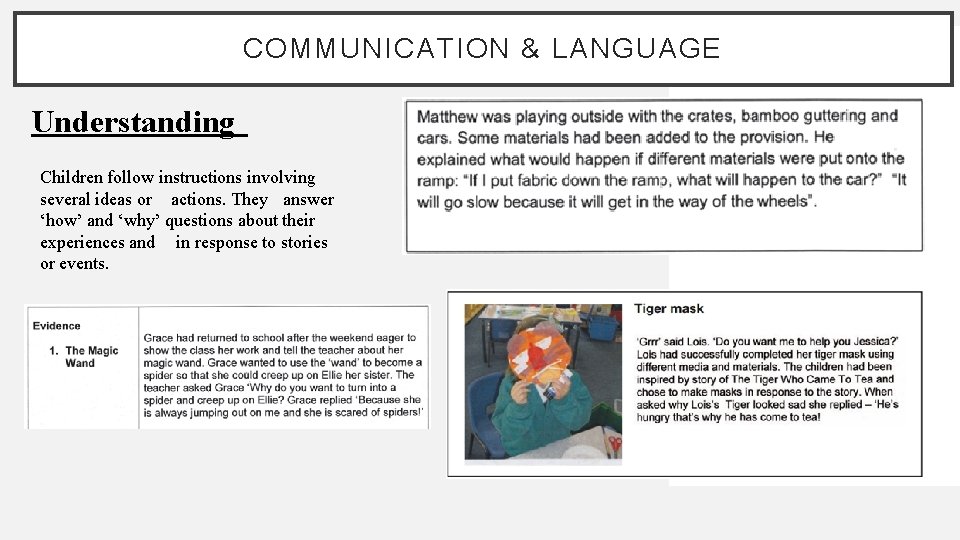 COMMUNICATION & LANGUAGE Understanding Children follow instructions involving several ideas or actions. They answer