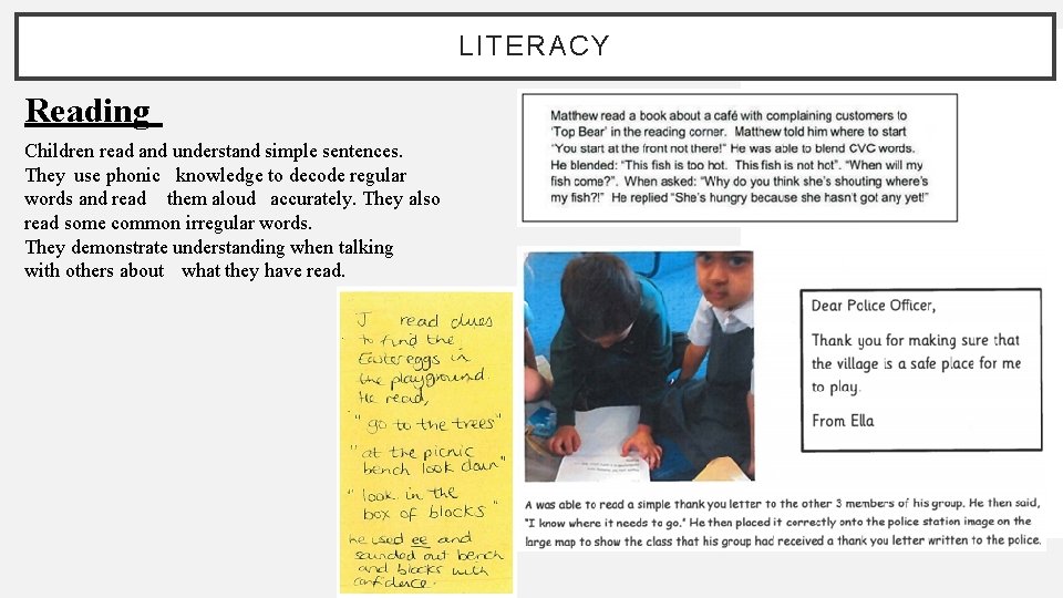 LITERACY Reading Children read and understand simple sentences. They use phonic knowledge to decode