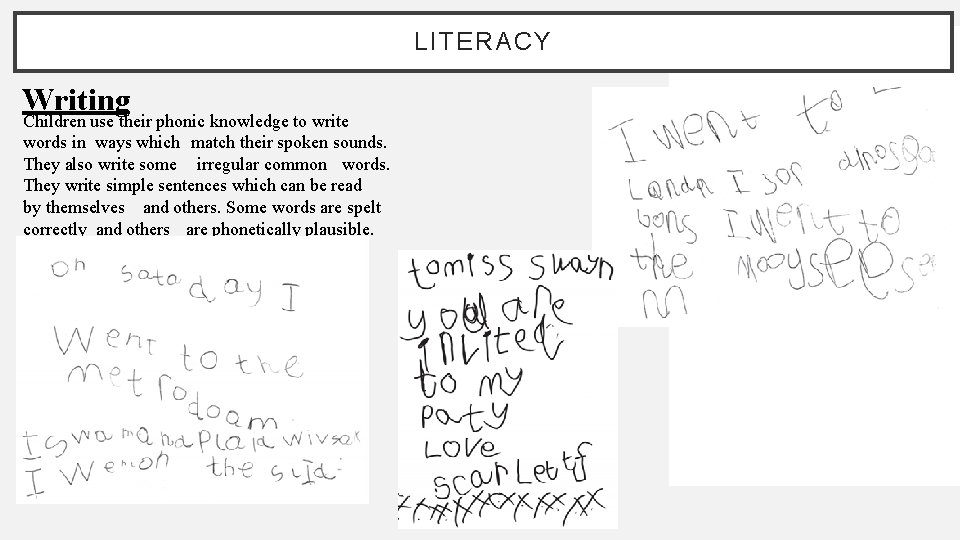 LITERACY Writing Children use their phonic knowledge to write words in ways which match
