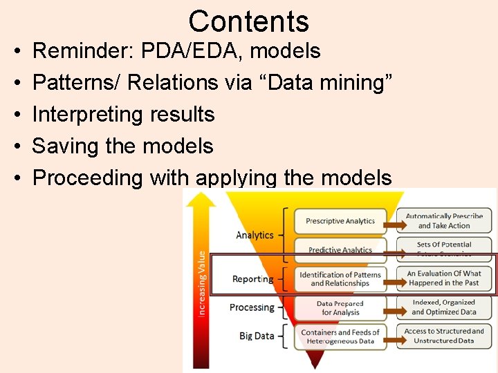  • • • Contents Reminder: PDA/EDA, models Patterns/ Relations via “Data mining” Interpreting