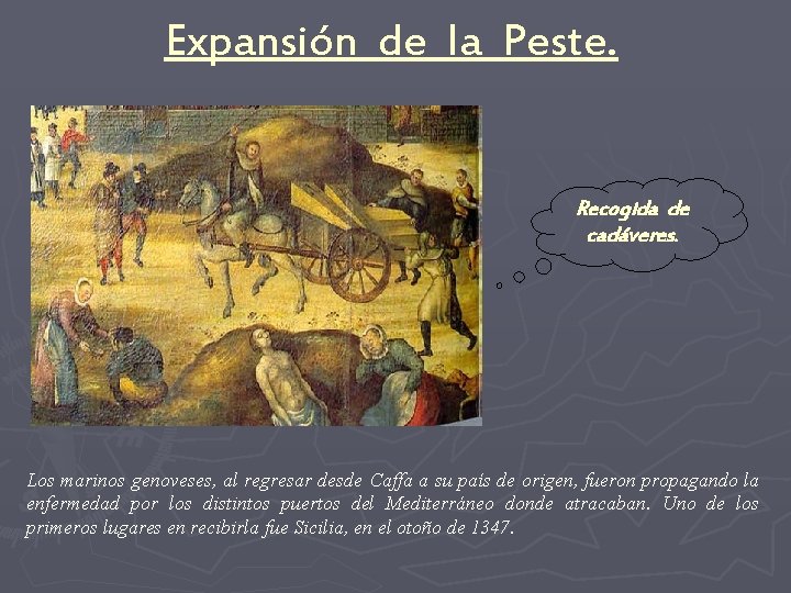 Expansión de la Peste. Recogida de cadáveres. Los marinos genoveses, al regresar desde Caffa