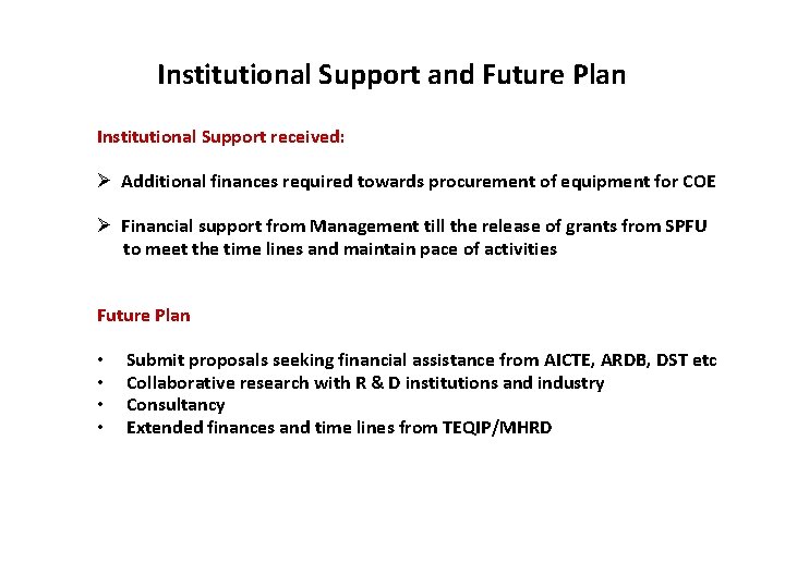 Institutional Support and Future Plan Institutional Support received: Additional finances required towards procurement of