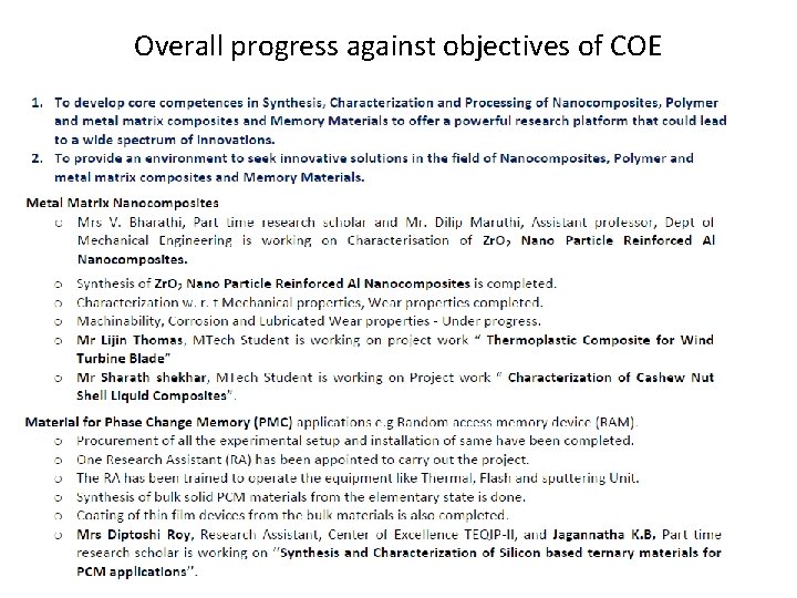 Overall progress against objectives of COE 