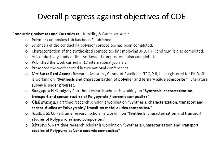 Overall progress against objectives of COE 