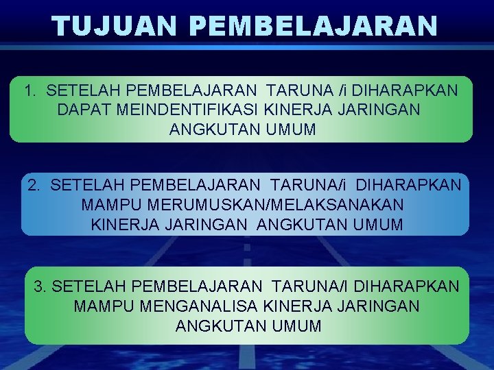 TUJUAN PEMBELAJARAN 1. SETELAH PEMBELAJARAN TARUNA /i DIHARAPKAN DAPAT MEINDENTIFIKASI KINERJA JARINGAN ANGKUTAN UMUM