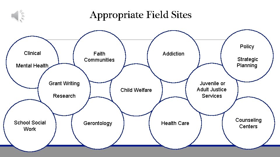 Appropriate Field Sites Policy Clinical Addiction Faith Communities Mental Health Juvenile or Adult Justice