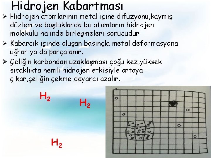 Hidrojen Kabartması Ø Hidrojen atomlarının metal içine difüzyonu, kaymış düzlem ve boşluklarda bu atomların