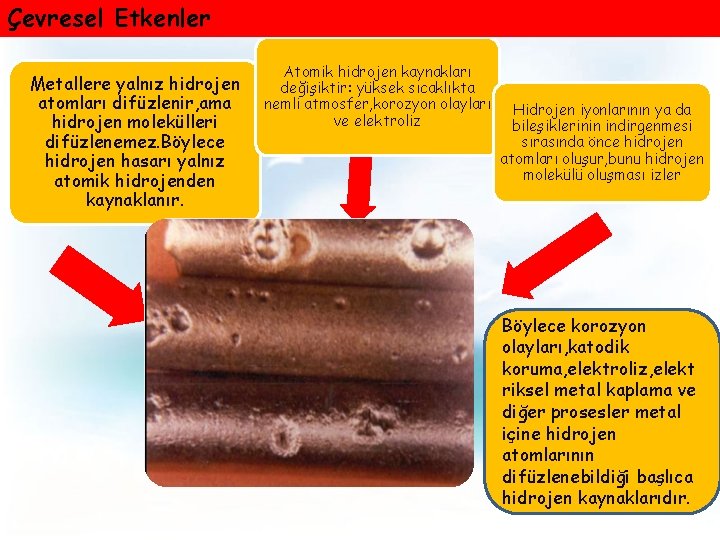 Çevresel Etkenler Metallere yalnız hidrojen atomları difüzlenir, ama hidrojen molekülleri difüzlenemez. Böylece hidrojen hasarı