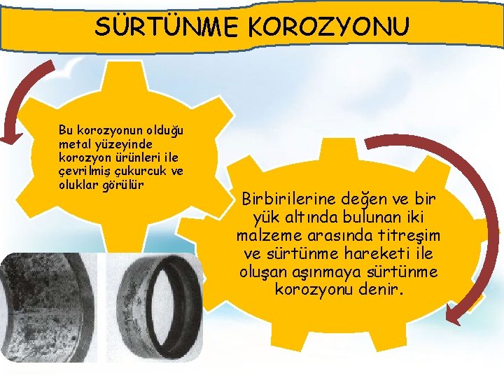 SÜRTÜNME KOROZYONU Bu korozyonun olduğu metal yüzeyinde korozyon ürünleri ile çevrilmiş çukurcuk ve oluklar