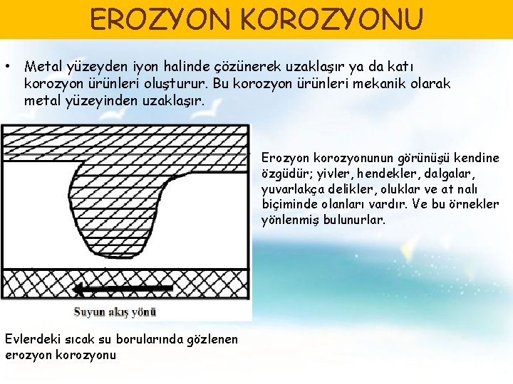 EROZYON KOROZYONU • Metal yüzeyden iyon halinde çözünerek uzaklaşır ya da katı korozyon ürünleri