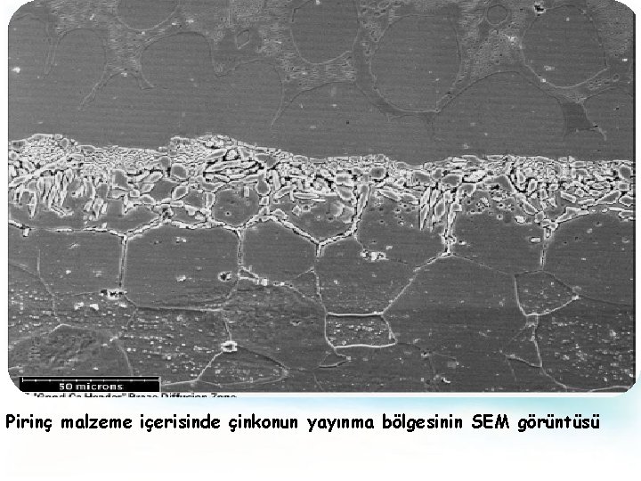 Pirinç malzeme içerisinde çinkonun yayınma bölgesinin SEM görüntüsü 