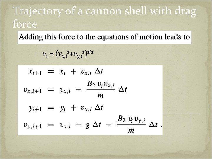 Trajectory of a cannon shell with drag force vi = (vx, i 2+vy, i