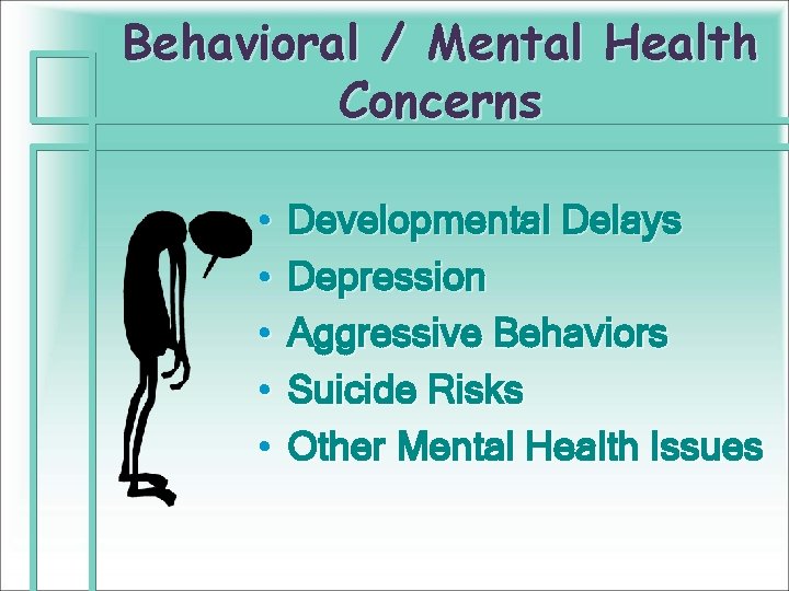 Behavioral / Mental Health Concerns • • • Developmental Delays Depression Aggressive Behaviors Suicide