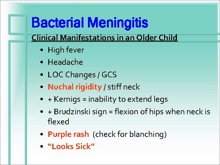 Bacterial Meningitis Clinical Manifestations in an Older Child • High fever • Headache •