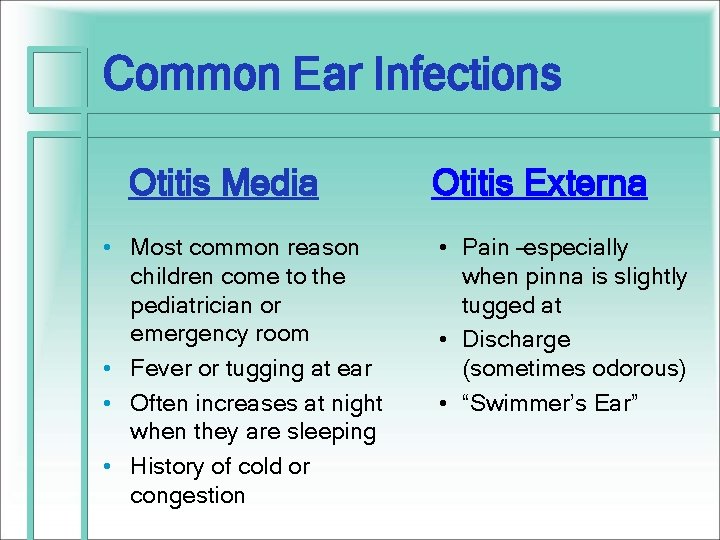 Common Ear Infections Otitis Media • Most common reason children come to the pediatrician