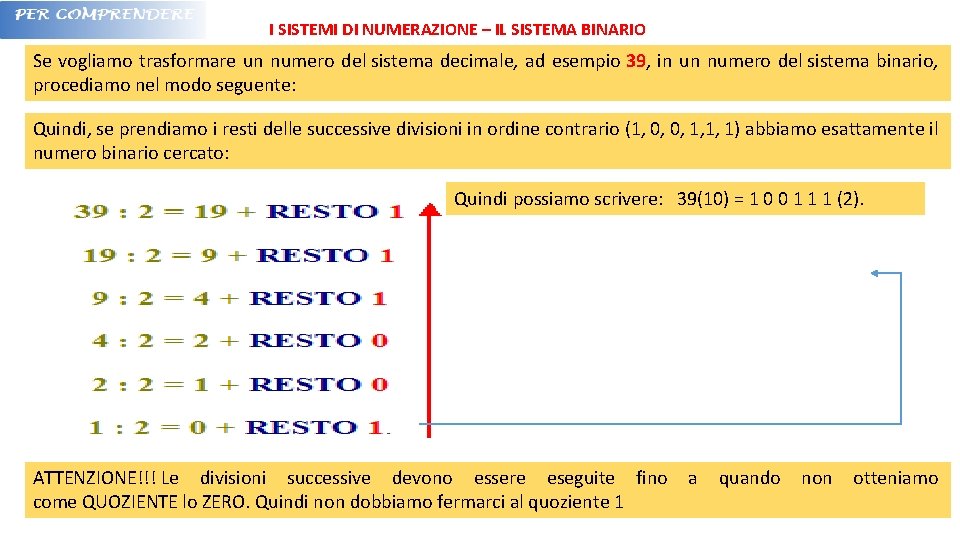 I SISTEMI DI NUMERAZIONE – IL SISTEMA BINARIO Se vogliamo trasformare un numero del
