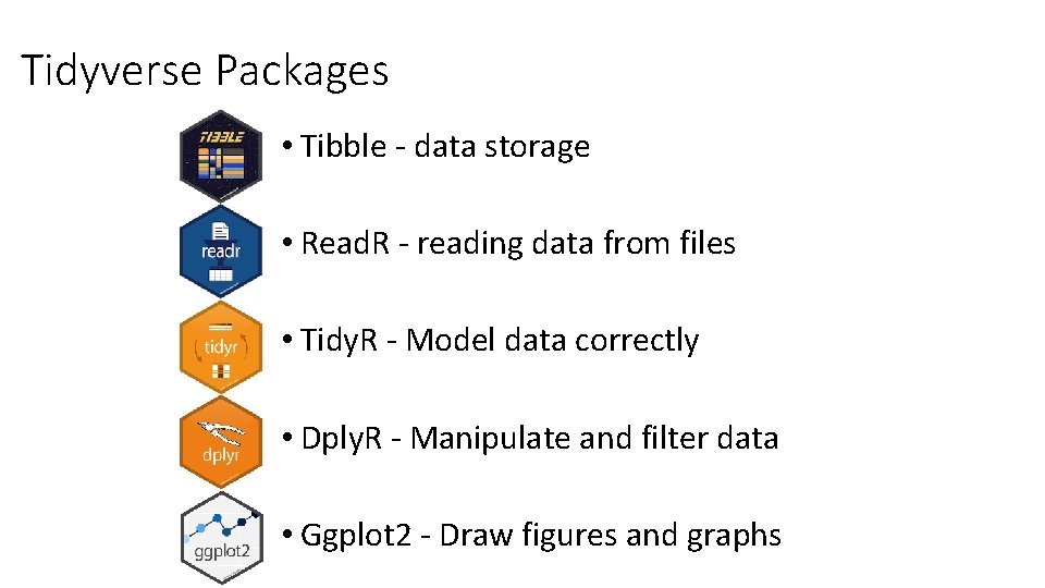 Tidyverse Packages • Tibble - data storage • Read. R - reading data from