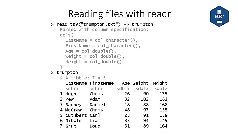 Reading files with readr > read_tsv("trumpton. txt") -> trumpton Parsed with column specification: cols(