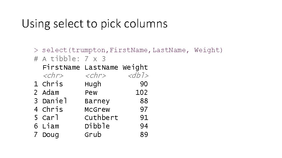 Using select to pick columns > select(trumpton, First. Name, Last. Name, Weight) # A