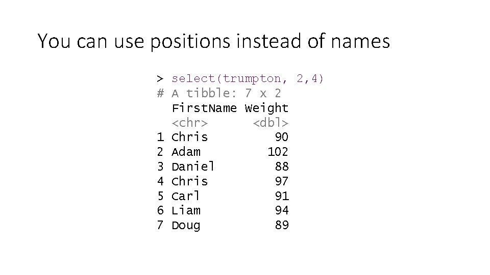 You can use positions instead of names > select(trumpton, 2, 4) # A tibble: