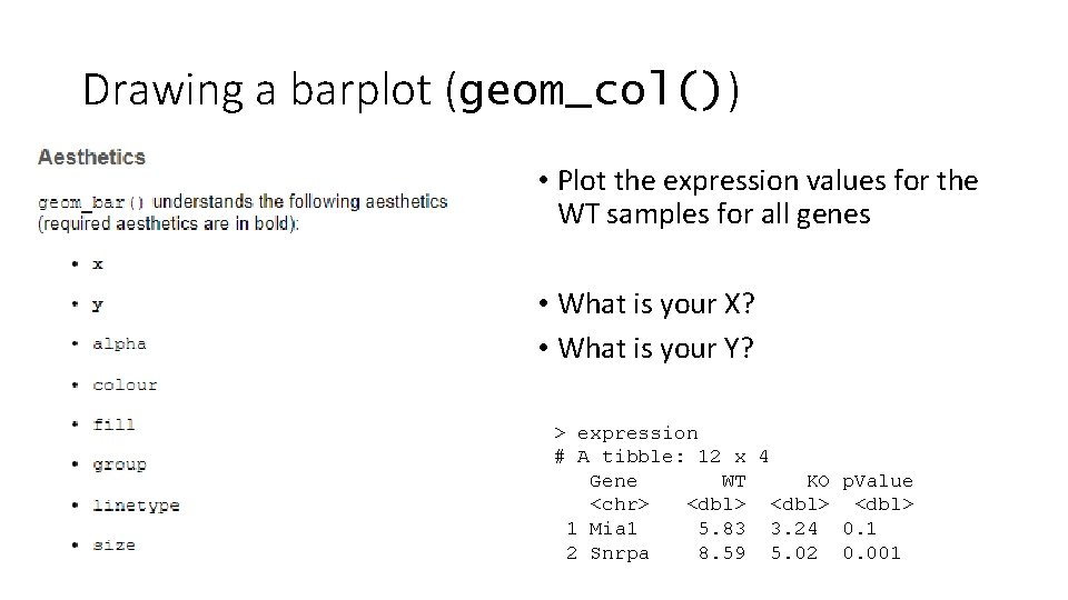 Drawing a barplot (geom_col()) • Plot the expression values for the WT samples for
