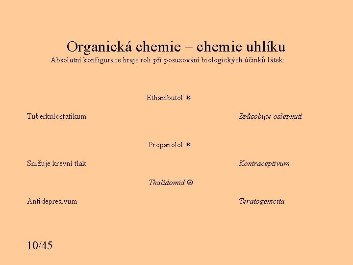 Organická chemie – chemie uhlíku Absolutní konfigurace hraje roli při posuzování biologických účinků látek: