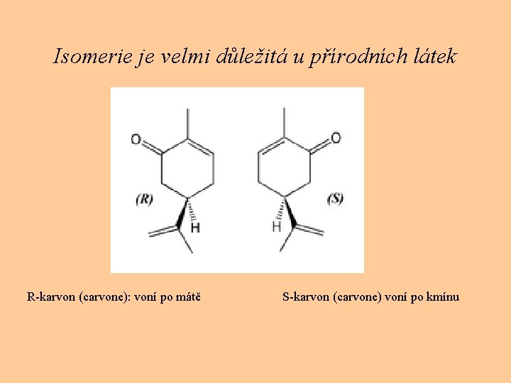 Isomerie je velmi důležitá u přírodních látek R-karvon (carvone): voní po mátě S-karvon (carvone)