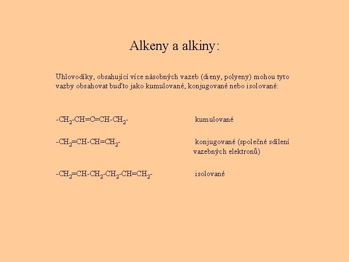 Alkeny a alkiny: Uhlovodíky, obsahující více násobných vazeb (dieny, polyeny) mohou tyto vazby obsahovat
