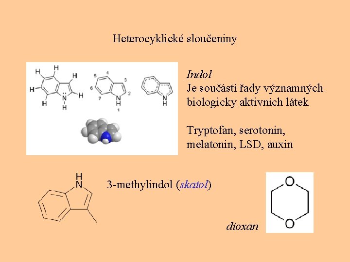 Heterocyklické sloučeniny Indol Je součástí řady významných biologicky aktivních látek Tryptofan, serotonin, melatonin, LSD,