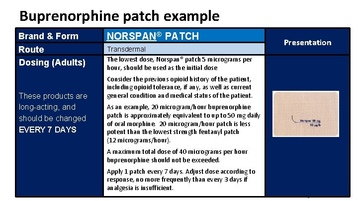 Buprenorphine patch example Brand & Form NORSPAN® PATCH Route Dosing (Adults) Transdermal The lowest