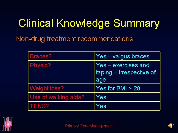 Clinical Knowledge Summary Non-drug treatment recommendations Braces? Physio? Weight loss? Use of walking aids?